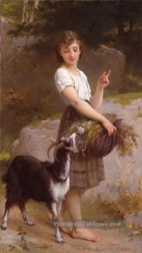  Fleurs Art - jeune fille avec chèvre et fleurs académique réalisme fille Émile Munier